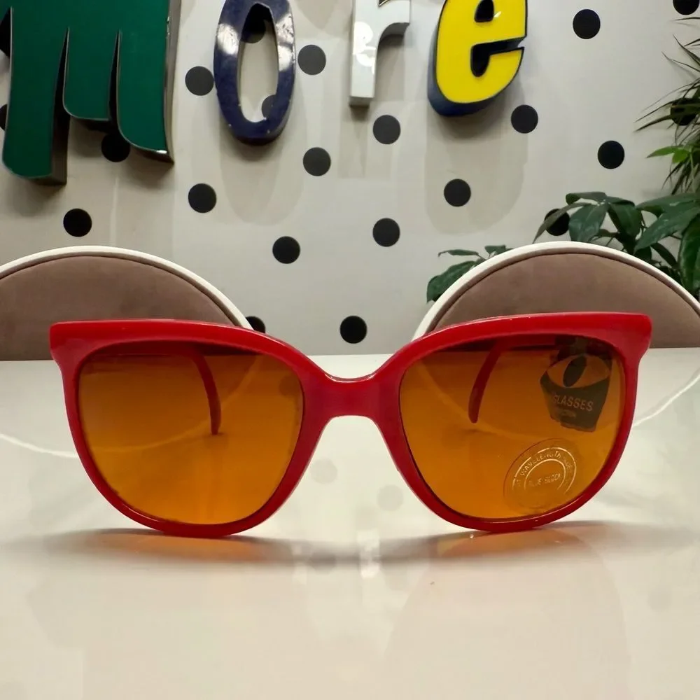 True Vintage 1970s Deadstock Large Cherry Red Amber Lens Sunglasses